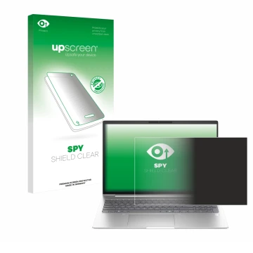 Parte frontal de un envase de producto con el logotipo de la marca upscreen. Al lado se muestra el dispositivo HP EliteBook 6 