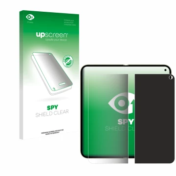Parte frontal de un envase de producto con el logotipo de la marca upscreen. Al lado se muestra el dispositivo Google Pixel 10