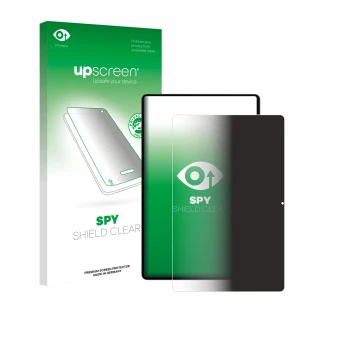 Parte frontal de un envase de producto con el logotipo de la marca upscreen. Al lado se muestra el dispositivo Samsung Galaxy 