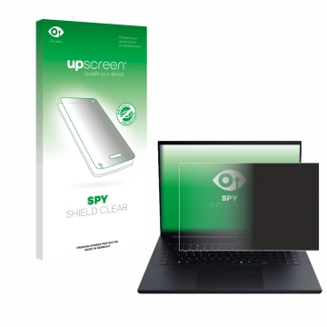 Parte frontal de un envase de producto con el logotipo de la marca upscreen. Al lado se muestra el dispositivo Razer Blade 18 