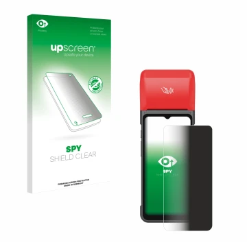 Parte frontal de un envase de producto con el logotipo de la marca upscreen. Al lado se muestra el dispositivo iMin Swift 2 Pr