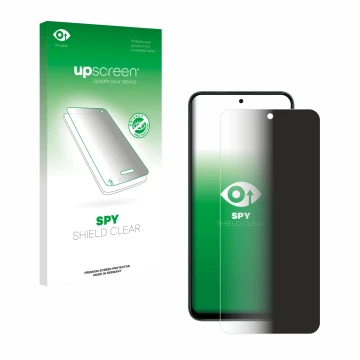 Parte frontal de un envase de producto con el logotipo de la marca upscreen. Al lado se muestra el dispositivo Honor X7d 5G co