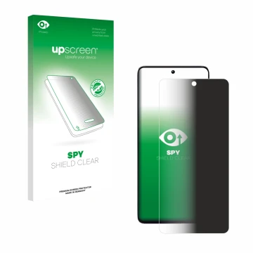 Parte frontal de un envase de producto con el logotipo de la marca upscreen. Al lado se muestra el dispositivo Xiaomi Poco M7 