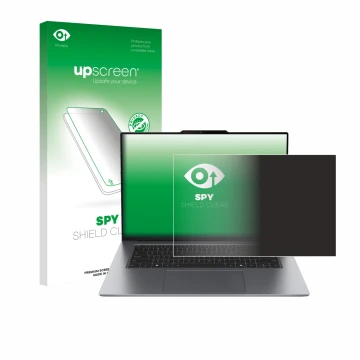 Parte frontal de un envase de producto con el logotipo de la marca upscreen. Al lado se muestra el dispositivo Lenovo ThinkPad