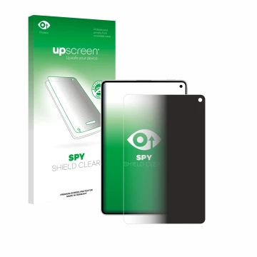 Parte frontal de un envase de producto con el logotipo de la marca upscreen. Al lado se muestra el dispositivo Huawei MatePad 