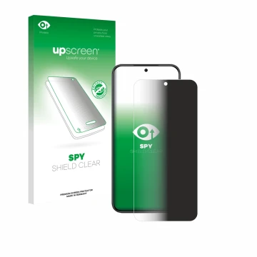 Parte frontal de un envase de producto con el logotipo de la marca upscreen. Al lado se muestra el dispositivo Nubia Air con s