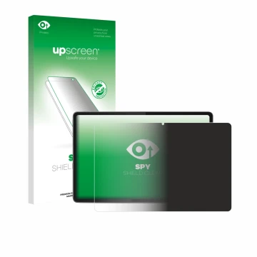 Parte frontal de un envase de producto con el logotipo de la marca upscreen. Al lado se muestra el dispositivo Lenovo Yoga Tab