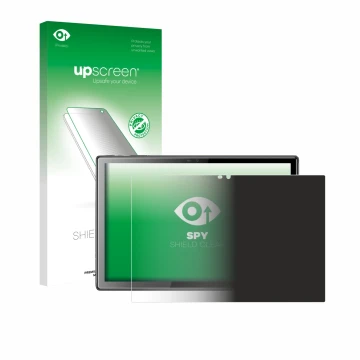 Parte frontal de un envase de producto con el logotipo de la marca upscreen. Al lado se muestra el dispositivo Tibuta A10 10.1