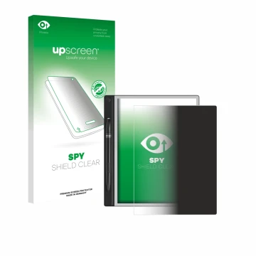 Parte frontal de un envase de producto con el logotipo de la marca upscreen. Al lado se muestra el dispositivo Montblanc Digit
