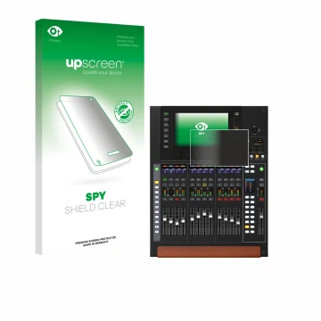 Parte frontal de un envase de producto con el logotipo de la marca upscreen. Al lado se muestra el dispositivo Behringer Wing 