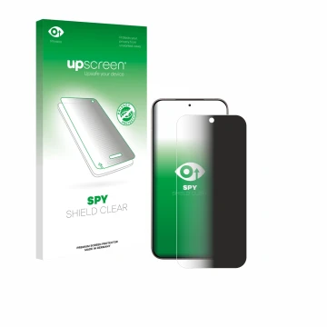 Parte frontal de un envase de producto con el logotipo de la marca upscreen. Al lado se muestra el dispositivo Xiaomi 17 con s