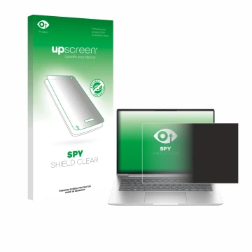 Parte frontal de un envase de producto con el logotipo de la marca upscreen. Al lado se muestra el dispositivo HP EliteBook 65