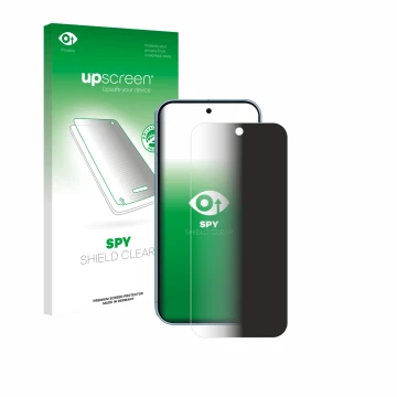 Parte frontal de un envase de producto con el logotipo de la marca upscreen. Al lado se muestra el dispositivo Google Pixel 9 