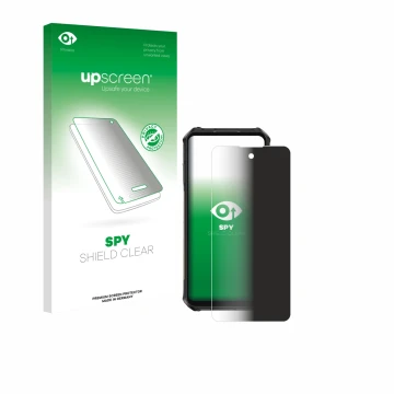 Parte frontal de un envase de producto con el logotipo de la marca upscreen. Al lado se muestra el dispositivo Ulefone Armor X