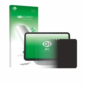 Parte frontal de un envase de producto con el logotipo de la marca upscreen. Al lado se muestra el dispositivo Amazon Echo Sho