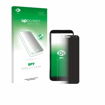 Parte frontal de un envase de producto con el logotipo de la marca upscreen. Al lado se muestra el dispositivo Datalogic Memor