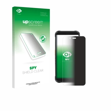Parte frontal de un envase de producto con el logotipo de la marca upscreen. Al lado se muestra el dispositivo Ulefone RugKing