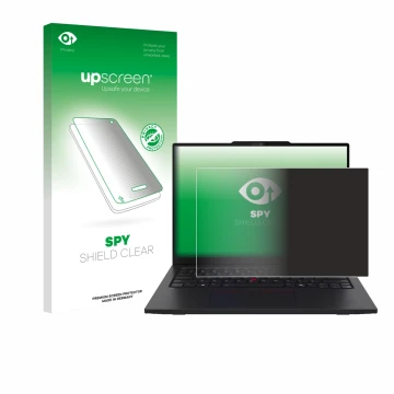 Parte frontal de un envase de producto con el logotipo de la marca upscreen. Al lado se muestra el dispositivo Lenovo ThinkPad