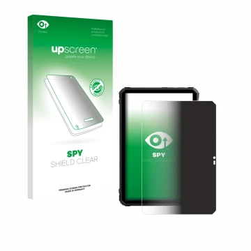 Parte frontal de un envase de producto con el logotipo de la marca upscreen. Al lado se muestra el dispositivo Blackview Activ