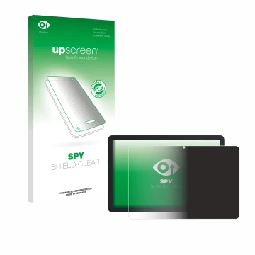 Parte frontal de un envase de producto con el logotipo de la marca upscreen. Al lado se muestra el dispositivo Cubot Tab 65 10