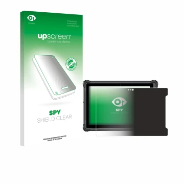Parte frontal de un envase de producto con el logotipo de la marca upscreen. Al lado se muestra el dispositivo onerugged W10 J
