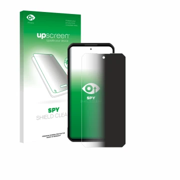 Parte frontal de un envase de producto con el logotipo de la marca upscreen. Al lado se muestra el dispositivo Oukitel WP60 co