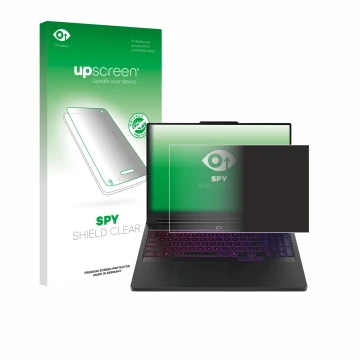 Parte frontal de un envase de producto con el logotipo de la marca upscreen. Al lado se muestra el dispositivo Lenovo Legion P