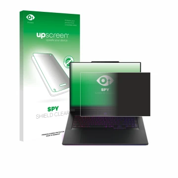 Parte frontal de un envase de producto con el logotipo de la marca upscreen. Al lado se muestra el dispositivo Lenovo Legion 9