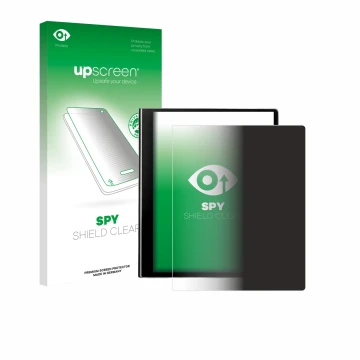 Parte frontal de un envase de producto con el logotipo de la marca upscreen. Al lado se muestra el dispositivo eazeye Paper 2.