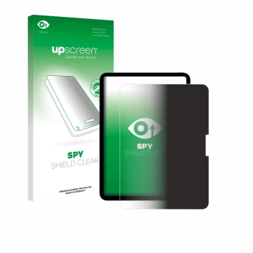 Parte frontal de un envase de producto con el logotipo de la marca upscreen. Al lado se muestra el dispositivo Apple iPad Pro 
