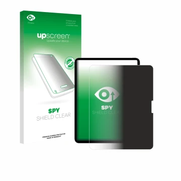 Parte frontal de un envase de producto con el logotipo de la marca upscreen. Al lado se muestra el dispositivo Apple iPad Pro 