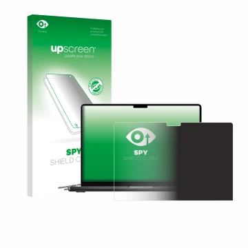 Parte frontal de un envase de producto con el logotipo de la marca upscreen. Al lado se muestra el dispositivo Apple MacBook P