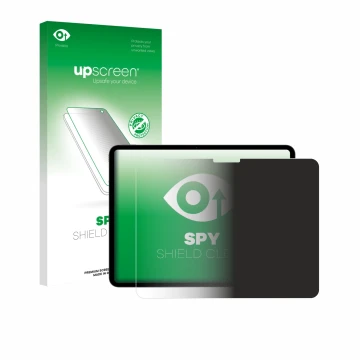 Parte frontal de un envase de producto con el logotipo de la marca upscreen. Al lado se muestra el dispositivo Apple iPad Pro 