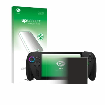 Parte frontal de un envase de producto con el logotipo de la marca upscreen. Al lado se muestra el dispositivo ASUS ROG Xbox A