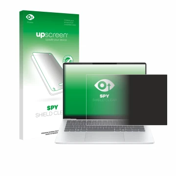 Parte frontal de un envase de producto con el logotipo de la marca upscreen. Al lado se muestra el dispositivo HP OmniBook 5 1
