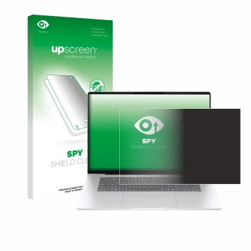 Parte frontal de un envase de producto con el logotipo de la marca upscreen. Al lado se muestra el dispositivo HP OmniBook 5 1