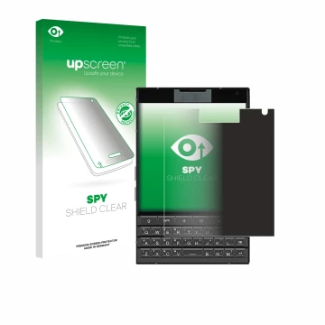 Parte frontal de un envase de producto con el logotipo de la marca upscreen. Al lado se muestra el dispositivo Unihertz Titan 