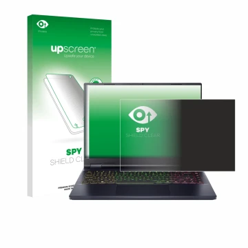 Parte frontal de un envase de producto con el logotipo de la marca upscreen. Al lado se muestra el dispositivo Acer Predator H