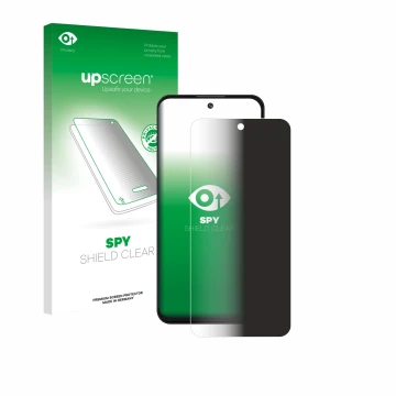 Parte frontal de un envase de producto con el logotipo de la marca upscreen. Al lado se muestra el dispositivo Oukitel C69 con