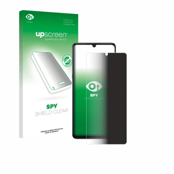 Parte frontal de un envase de producto con el logotipo de la marca upscreen. Al lado se muestra el dispositivo Cubot X100 con 