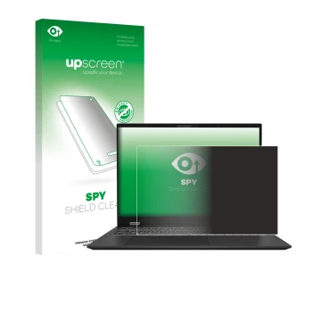 Parte frontal de un envase de producto con el logotipo de la marca upscreen. Al lado se muestra el dispositivo MSI Prestige 16