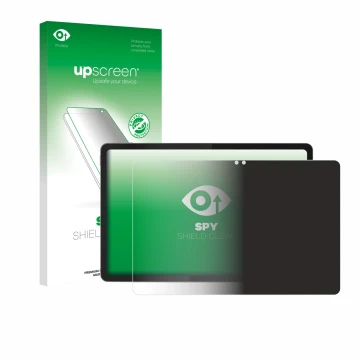 Parte frontal de un envase de producto con el logotipo de la marca upscreen. Al lado se muestra el dispositivo Lenovo Idea Tab