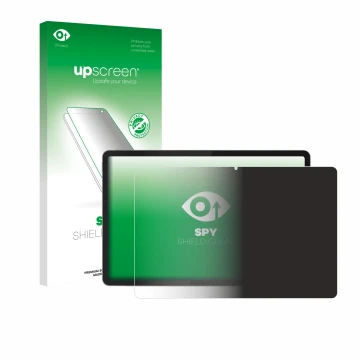 Parte frontal de un envase de producto con el logotipo de la marca upscreen. Al lado se muestra el dispositivo Lenovo Tab K11 