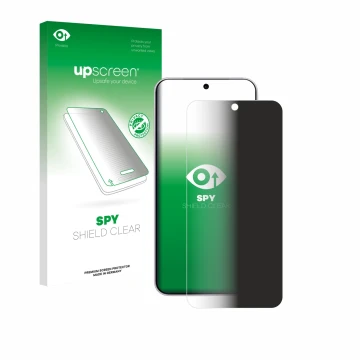 Parte frontal de un envase de producto con el logotipo de la marca upscreen. Al lado se muestra el dispositivo Vivo X300 con s