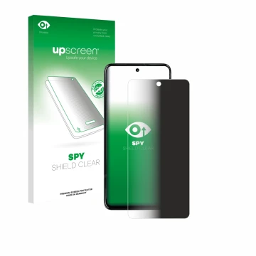 Parte frontal de un envase de producto con el logotipo de la marca upscreen. Al lado se muestra el dispositivo Motorola Moto G