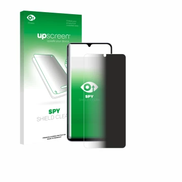 Parte frontal de un envase de producto con el logotipo de la marca upscreen. Al lado se muestra el dispositivo Samsung Galaxy 