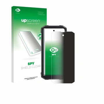 Parte frontal de un envase de producto con el logotipo de la marca upscreen. Al lado se muestra el dispositivo Cubot King Kong