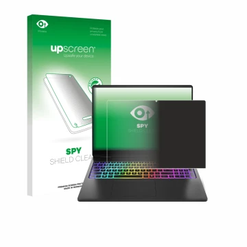 Parte frontal de un envase de producto con el logotipo de la marca upscreen. Al lado se muestra el dispositivo HP Omen Max 16 