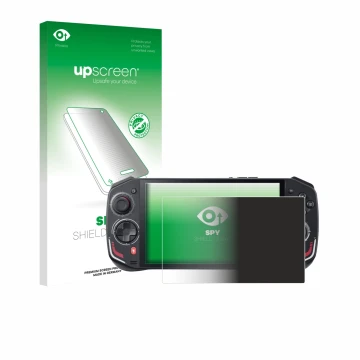 Parte frontal de un envase de producto con el logotipo de la marca upscreen. Al lado se muestra el dispositivo Acer Nitro Blaz