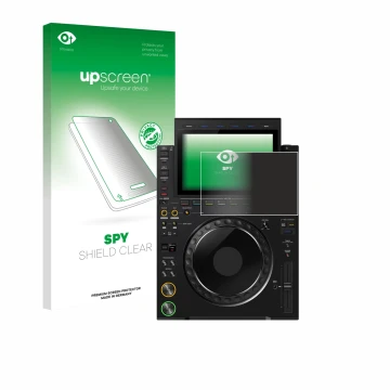 Parte frontal de un envase de producto con el logotipo de la marca upscreen. Al lado se muestra el dispositivo Pioneer CDJ 300